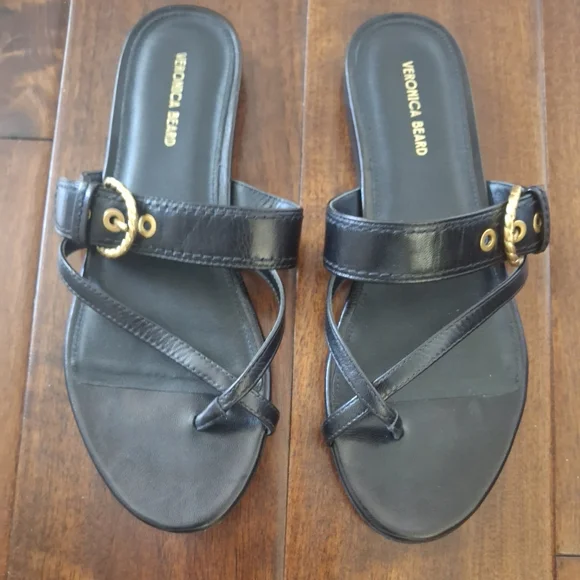 VERONICA BEARD Black Leather Slide Sandals with Gold Tone Buckle - Size 8.5 - Picture 3 of 9
